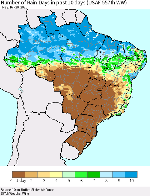 Brazil Number of Rain Days in past 10 days (USAF 557th WW) Thematic Map For 5/16/2023 - 5/20/2023