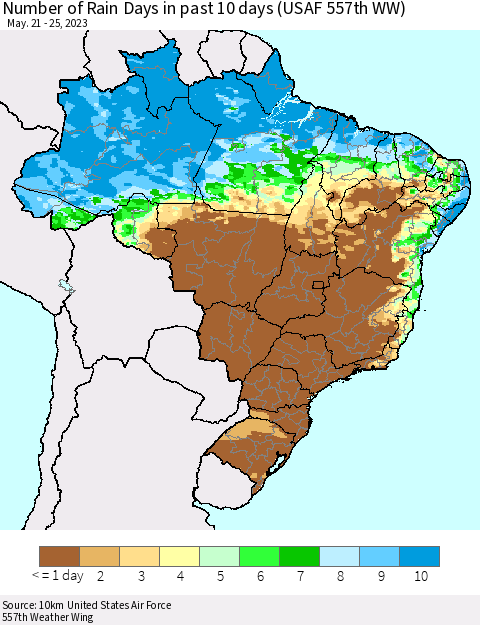 Brazil Number of Rain Days in past 10 days (USAF 557th WW) Thematic Map For 5/21/2023 - 5/25/2023