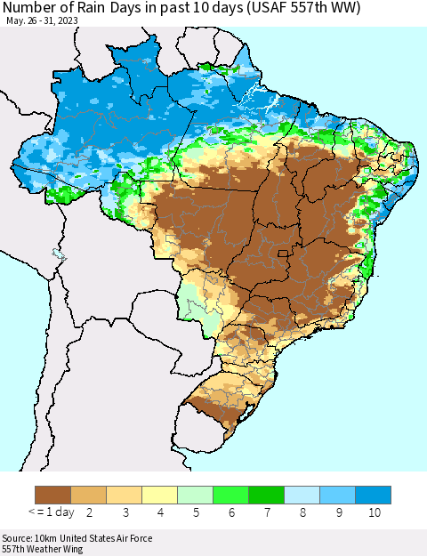 Brazil Number of Rain Days in past 10 days (USAF 557th WW) Thematic Map For 5/26/2023 - 5/31/2023