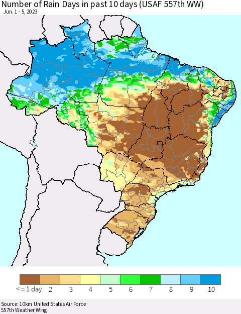 Brazil Number of Rain Days in past 10 days (USAF 557th WW) Thematic Map For 6/1/2023 - 6/5/2023
