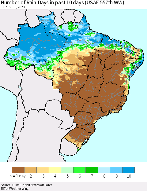 Brazil Number of Rain Days in past 10 days (USAF 557th WW) Thematic Map For 6/6/2023 - 6/10/2023