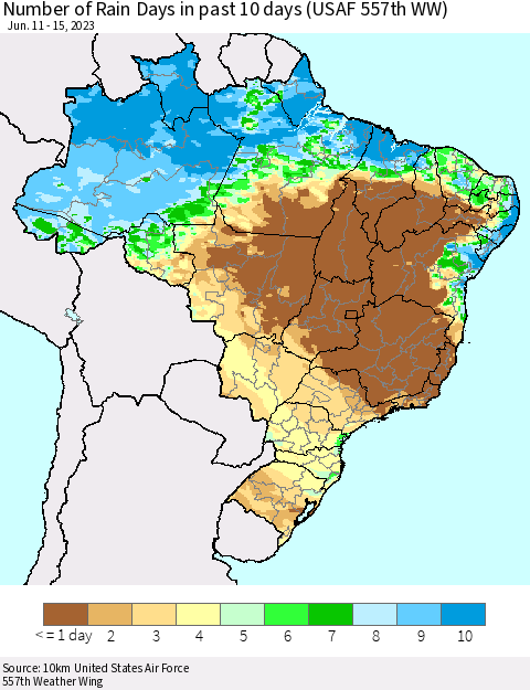 Brazil Number of Rain Days in past 10 days (USAF 557th WW) Thematic Map For 6/11/2023 - 6/15/2023