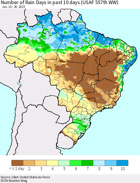 Brazil Number of Rain Days in past 10 days (USAF 557th WW) Thematic Map For 6/16/2023 - 6/20/2023
