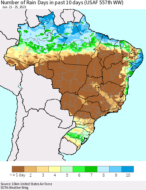 Brazil Number of Rain Days in past 10 days (USAF 557th WW) Thematic Map For 6/21/2023 - 6/25/2023