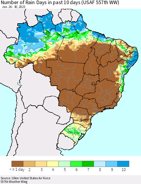 Brazil Number of Rain Days in past 10 days (USAF 557th WW) Thematic Map For 6/26/2023 - 6/30/2023