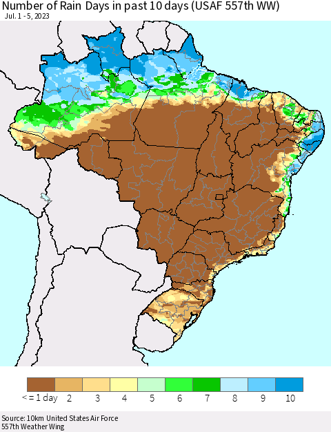 Brazil Number of Rain Days in past 10 days (USAF 557th WW) Thematic Map For 7/1/2023 - 7/5/2023