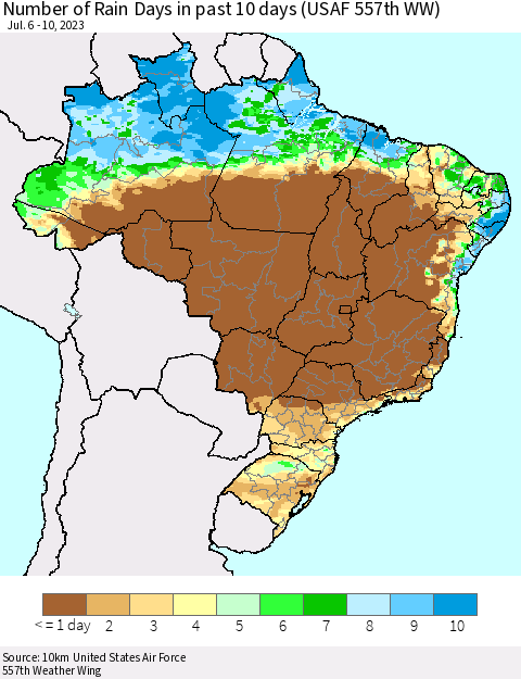 Brazil Number of Rain Days in past 10 days (USAF 557th WW) Thematic Map For 7/6/2023 - 7/10/2023