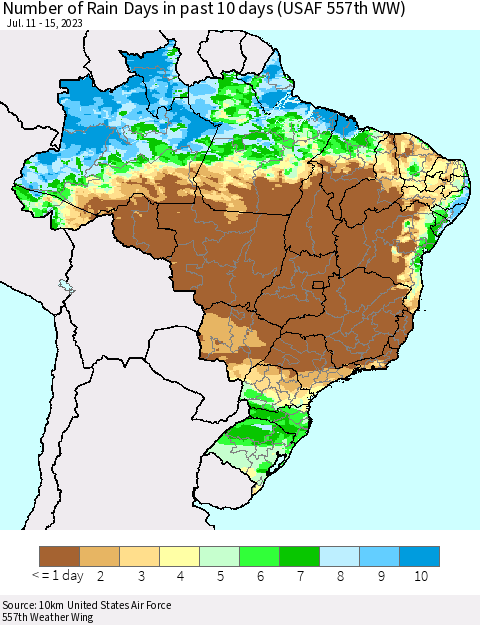 Brazil Number of Rain Days in past 10 days (USAF 557th WW) Thematic Map For 7/11/2023 - 7/15/2023