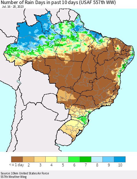 Brazil Number of Rain Days in past 10 days (USAF 557th WW) Thematic Map For 7/16/2023 - 7/20/2023