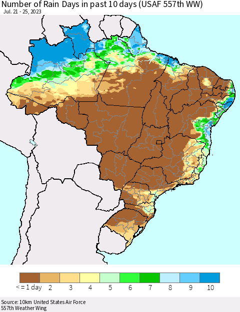 Brazil Number of Rain Days in past 10 days (USAF 557th WW) Thematic Map For 7/21/2023 - 7/25/2023