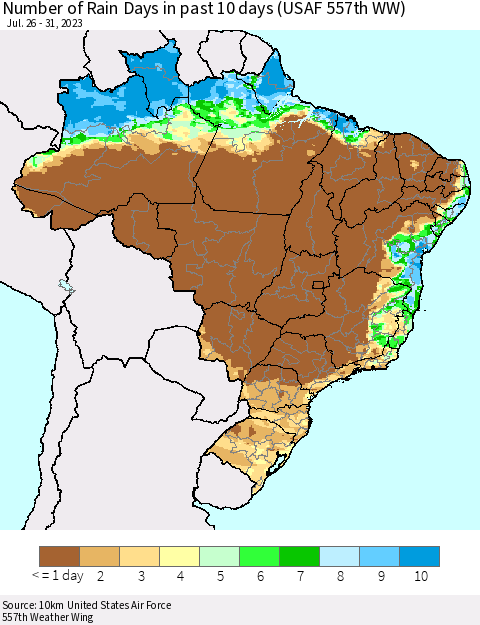 Brazil Number of Rain Days in past 10 days (USAF 557th WW) Thematic Map For 7/26/2023 - 7/31/2023