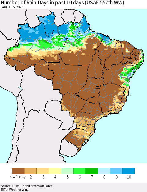 Brazil Number of Rain Days in past 10 days (USAF 557th WW) Thematic Map For 8/1/2023 - 8/5/2023