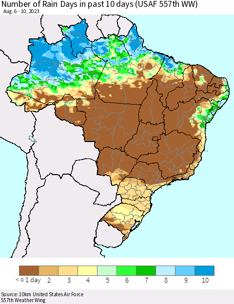 Brazil Number of Rain Days in past 10 days (USAF 557th WW) Thematic Map For 8/6/2023 - 8/10/2023