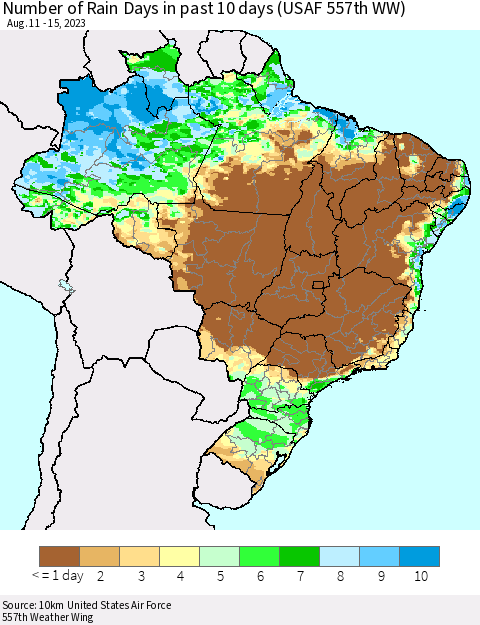 Brazil Number of Rain Days in past 10 days (USAF 557th WW) Thematic Map For 8/11/2023 - 8/15/2023