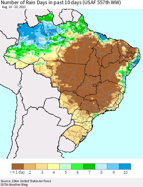 Brazil Number of Rain Days in past 10 days (USAF 557th WW) Thematic Map For 8/16/2023 - 8/20/2023