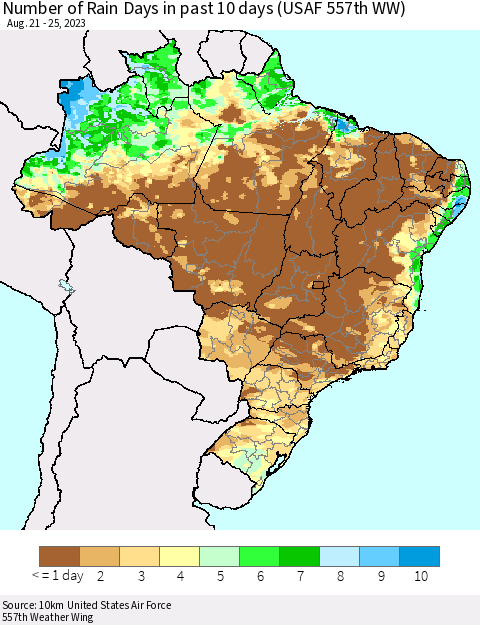 Brazil Number of Rain Days in past 10 days (USAF 557th WW) Thematic Map For 8/21/2023 - 8/25/2023