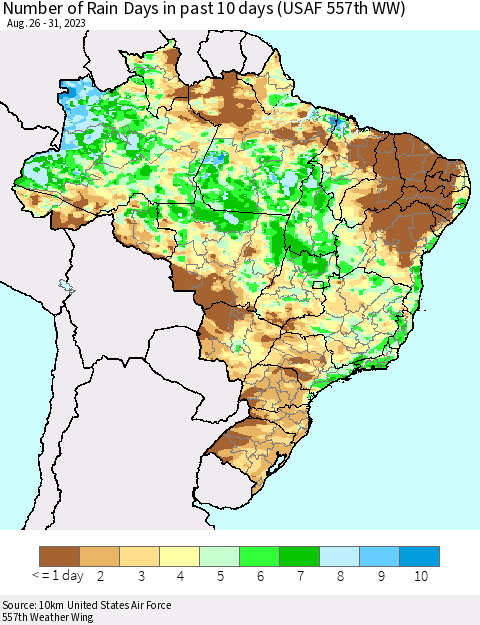 Brazil Number of Rain Days in past 10 days (USAF 557th WW) Thematic Map For 8/26/2023 - 8/31/2023