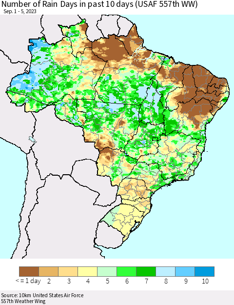Brazil Number of Rain Days in past 10 days (USAF 557th WW) Thematic Map For 9/1/2023 - 9/5/2023