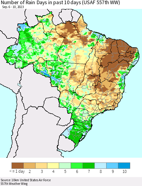 Brazil Number of Rain Days in past 10 days (USAF 557th WW) Thematic Map For 9/6/2023 - 9/10/2023
