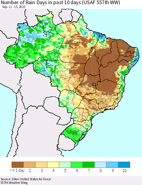 Brazil Number of Rain Days in past 10 days (USAF 557th WW) Thematic Map For 9/11/2023 - 9/15/2023