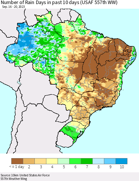 Brazil Number of Rain Days in past 10 days (USAF 557th WW) Thematic Map For 9/16/2023 - 9/20/2023