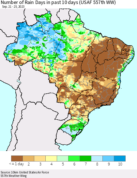 Brazil Number of Rain Days in past 10 days (USAF 557th WW) Thematic Map For 9/21/2023 - 9/25/2023