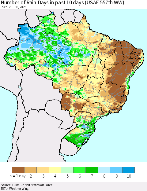 Brazil Number of Rain Days in past 10 days (USAF 557th WW) Thematic Map For 9/26/2023 - 9/30/2023