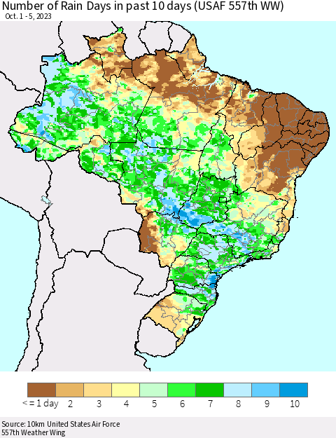 Brazil Number of Rain Days in past 10 days (USAF 557th WW) Thematic Map For 10/1/2023 - 10/5/2023
