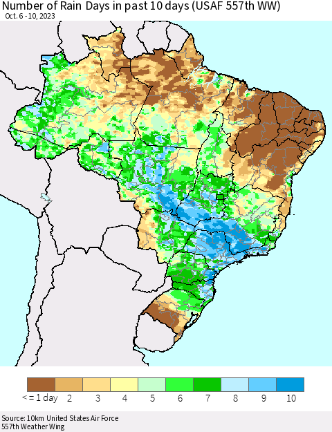 Brazil Number of Rain Days in past 10 days (USAF 557th WW) Thematic Map For 10/6/2023 - 10/10/2023