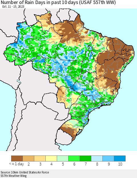 Brazil Number of Rain Days in past 10 days (USAF 557th WW) Thematic Map For 10/11/2023 - 10/15/2023