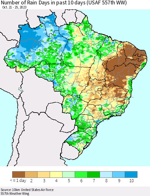 Brazil Number of Rain Days in past 10 days (USAF 557th WW) Thematic Map For 10/21/2023 - 10/25/2023