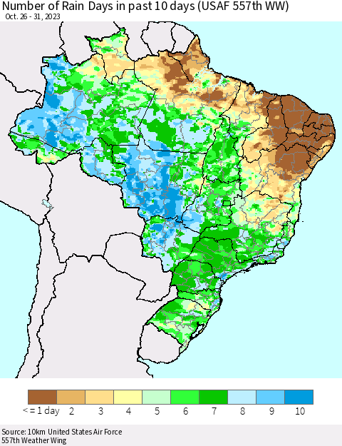 Brazil Number of Rain Days in past 10 days (USAF 557th WW) Thematic Map For 10/26/2023 - 10/31/2023