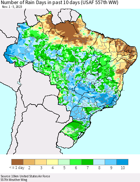 Brazil Number of Rain Days in past 10 days (USAF 557th WW) Thematic Map For 11/1/2023 - 11/5/2023
