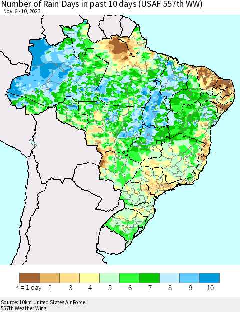 Brazil Number of Rain Days in past 10 days (USAF 557th WW) Thematic Map For 11/6/2023 - 11/10/2023
