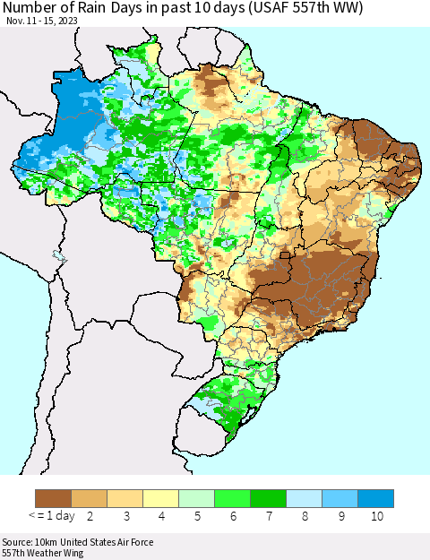 Brazil Number of Rain Days in past 10 days (USAF 557th WW) Thematic Map For 11/11/2023 - 11/15/2023