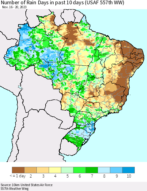 Brazil Number of Rain Days in past 10 days (USAF 557th WW) Thematic Map For 11/16/2023 - 11/20/2023