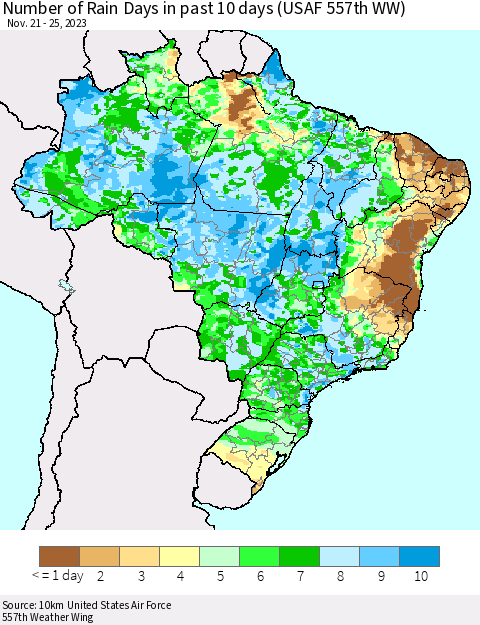Brazil Number of Rain Days in past 10 days (USAF 557th WW) Thematic Map For 11/21/2023 - 11/25/2023