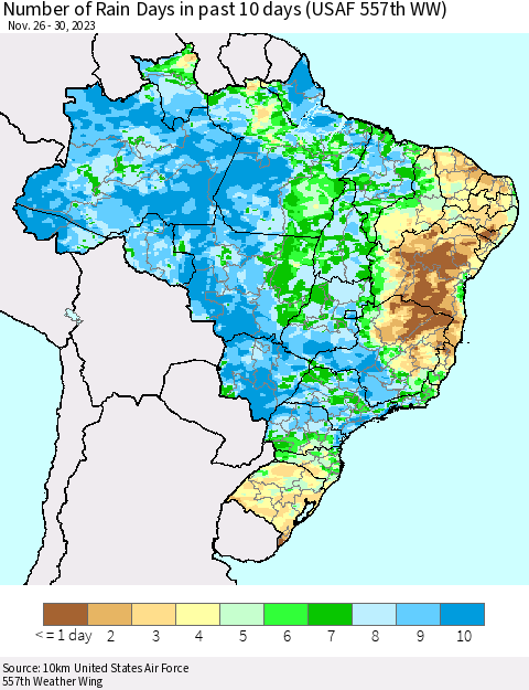 Brazil Number of Rain Days in past 10 days (USAF 557th WW) Thematic Map For 11/26/2023 - 11/30/2023