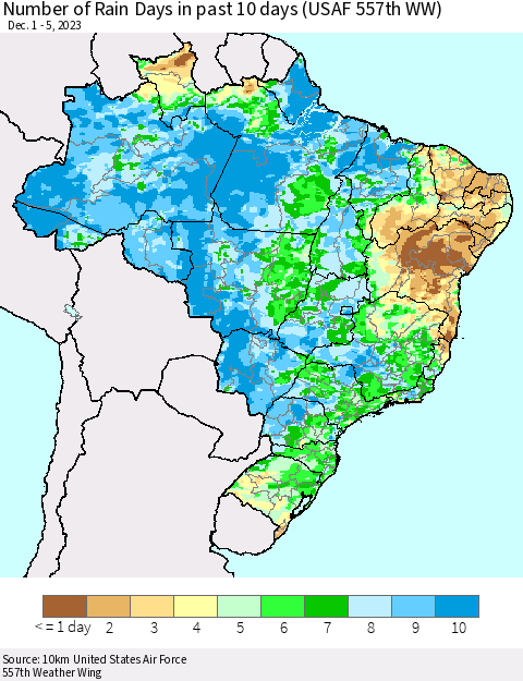 Brazil Number of Rain Days in past 10 days (USAF 557th WW) Thematic Map For 12/1/2023 - 12/5/2023