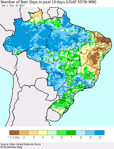 Brazil Number of Rain Days in past 10 days (USAF 557th WW) Thematic Map For 12/6/2023 - 12/10/2023