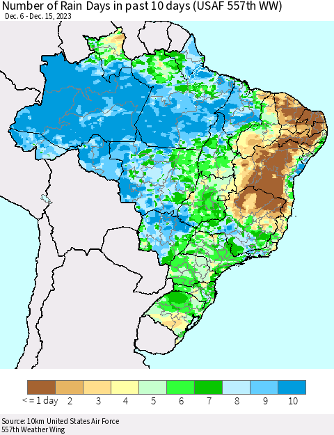 Brazil Number of Rain Days in past 10 days (USAF 557th WW) Thematic Map For 12/11/2023 - 12/15/2023