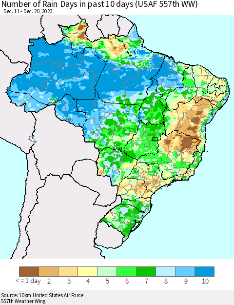 Brazil Number of Rain Days in past 10 days (USAF 557th WW) Thematic Map For 12/16/2023 - 12/20/2023