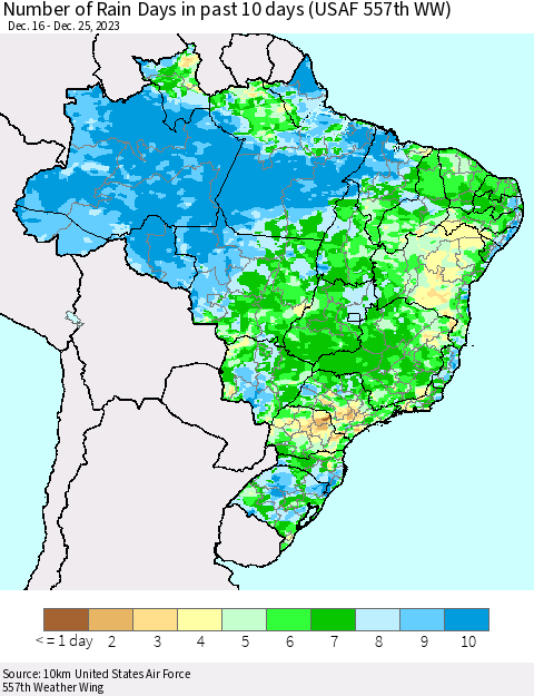 Brazil Number of Rain Days in past 10 days (USAF 557th WW) Thematic Map For 12/21/2023 - 12/25/2023