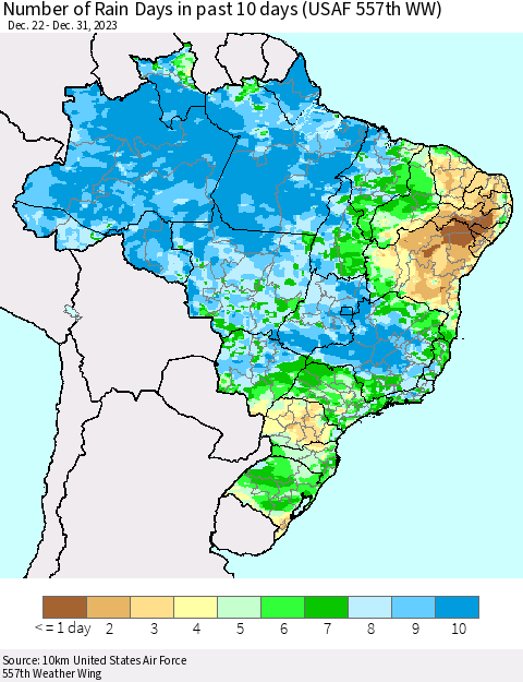 Brazil Number of Rain Days in past 10 days (USAF 557th WW) Thematic Map For 12/26/2023 - 12/31/2023