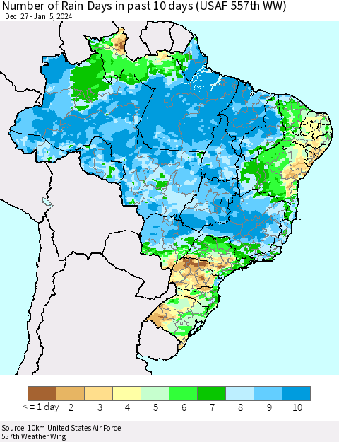 Brazil Number of Rain Days in past 10 days (USAF 557th WW) Thematic Map For 1/1/2024 - 1/5/2024