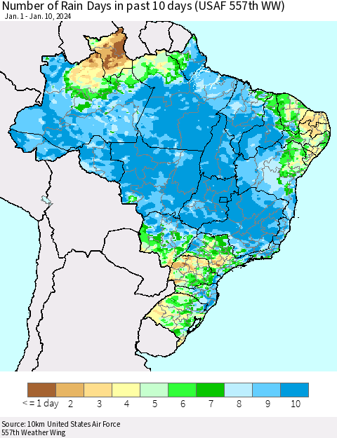 Brazil Number of Rain Days in past 10 days (USAF 557th WW) Thematic Map For 1/6/2024 - 1/10/2024