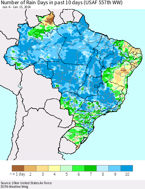 Brazil Number of Rain Days in past 10 days (USAF 557th WW) Thematic Map For 1/11/2024 - 1/15/2024