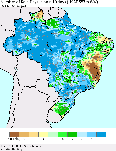 Brazil Number of Rain Days in past 10 days (USAF 557th WW) Thematic Map For 1/16/2024 - 1/20/2024