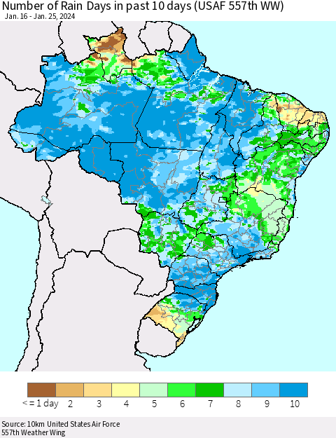 Brazil Number of Rain Days in past 10 days (USAF 557th WW) Thematic Map For 1/21/2024 - 1/25/2024