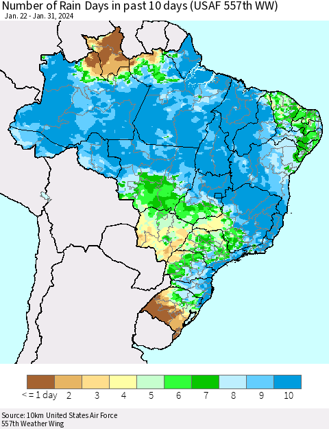 Brazil Number of Rain Days in past 10 days (USAF 557th WW) Thematic Map For 1/26/2024 - 1/31/2024